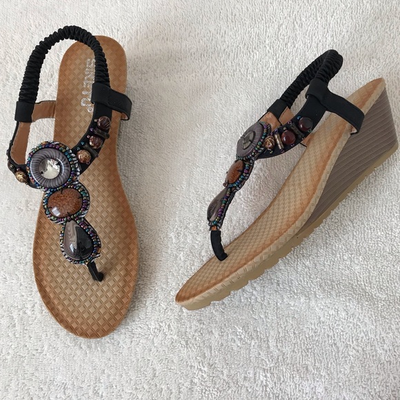 SOLDBohemian Boho Rhinestone Wedge Sandals - Picture 4 of 7